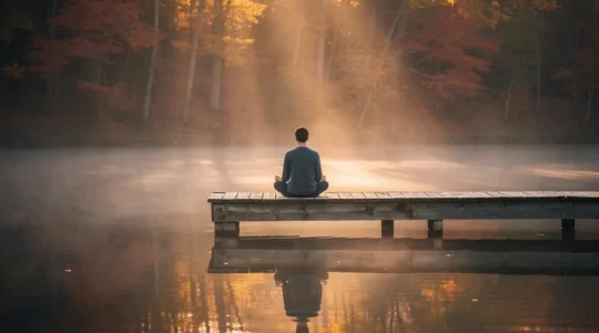 Personne en méditation contemplant son reflet dans un miroir d'eau calme entouré de nature