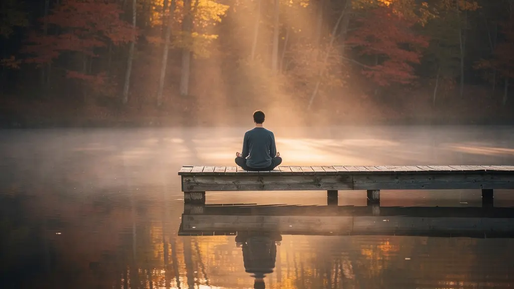 Personne en méditation contemplant son reflet dans un miroir d'eau calme entouré de nature