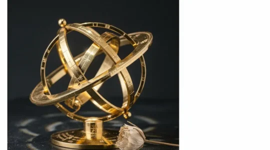 Deux sphères célestes dorées superposées symbolisant les zodiaques tropical et sidéral, éclairées par une lumière naturelle latérale sur fond sombre épuré