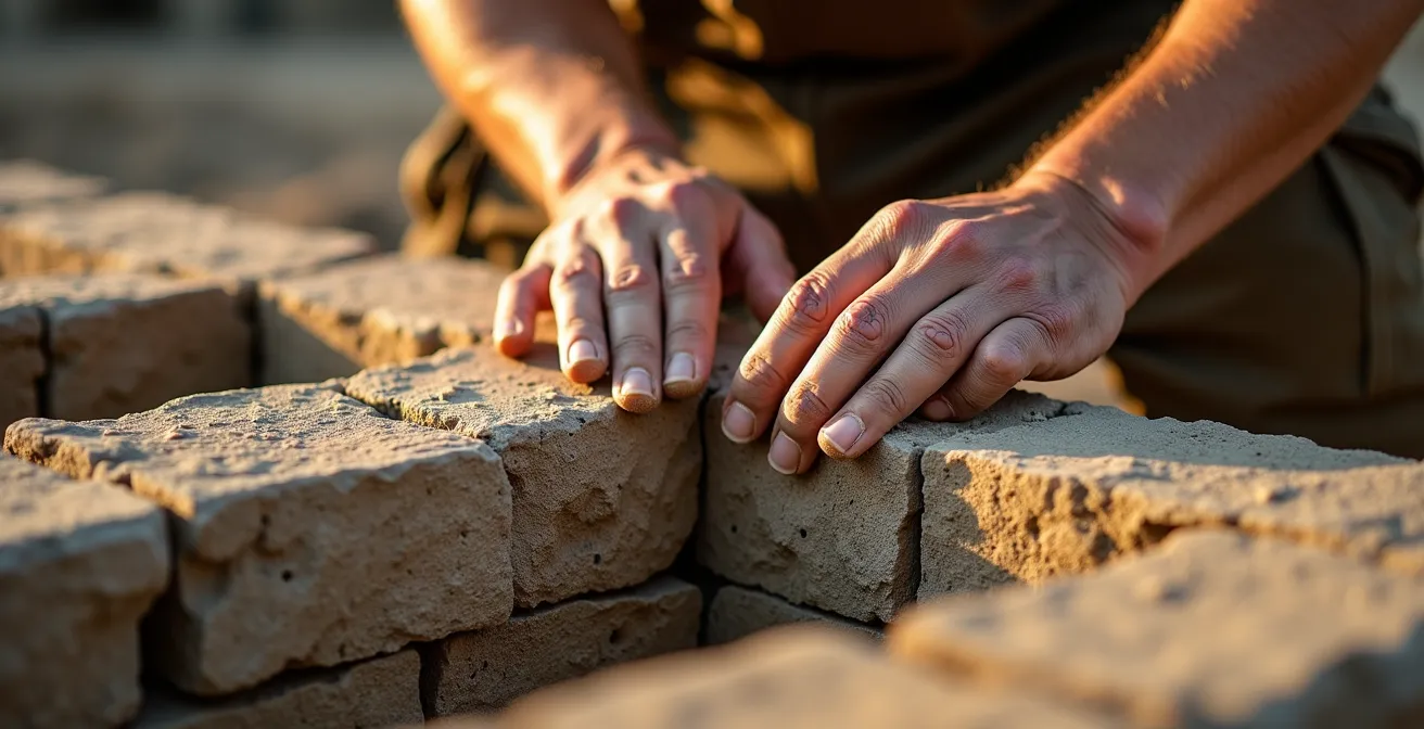Mains d'artisan travaillant méticuleusement sur des fondations en pierre, symbolisant le travail patient de l'année 4