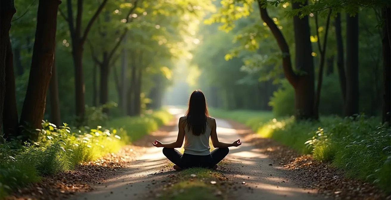 Personne en méditation contemplant deux chemins divergents dans un environnement apaisant