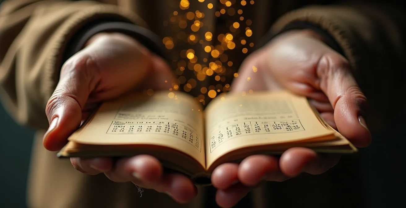 Mains tenant délicatement un calendrier ancien avec des chiffres dorés lumineux flottant au-dessus, symbolisant l'analyse karmique