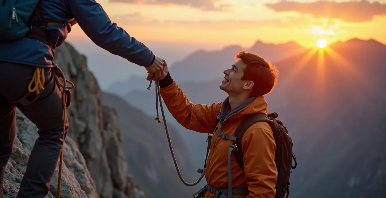 Un grimpeur au sommet d'une montagne tendant la main pour aider un autre grimpeur à monter