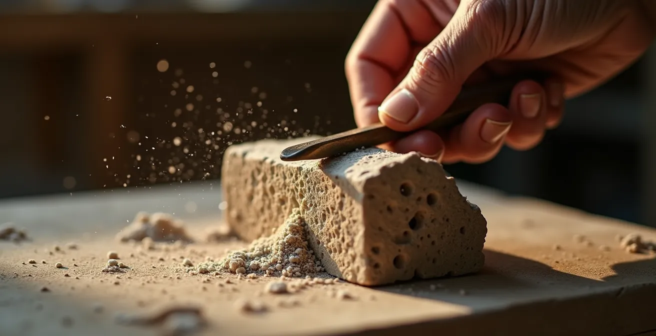 Détail macro de mains sculptant patiemment de la pierre avec outils traditionnels