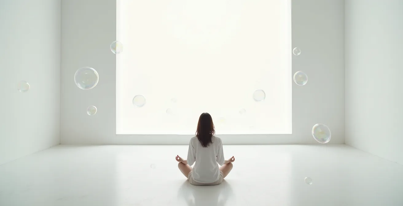 Composition minimaliste montrant une personne sereine entourée de bulles transparentes représentant les responsabilités familiales