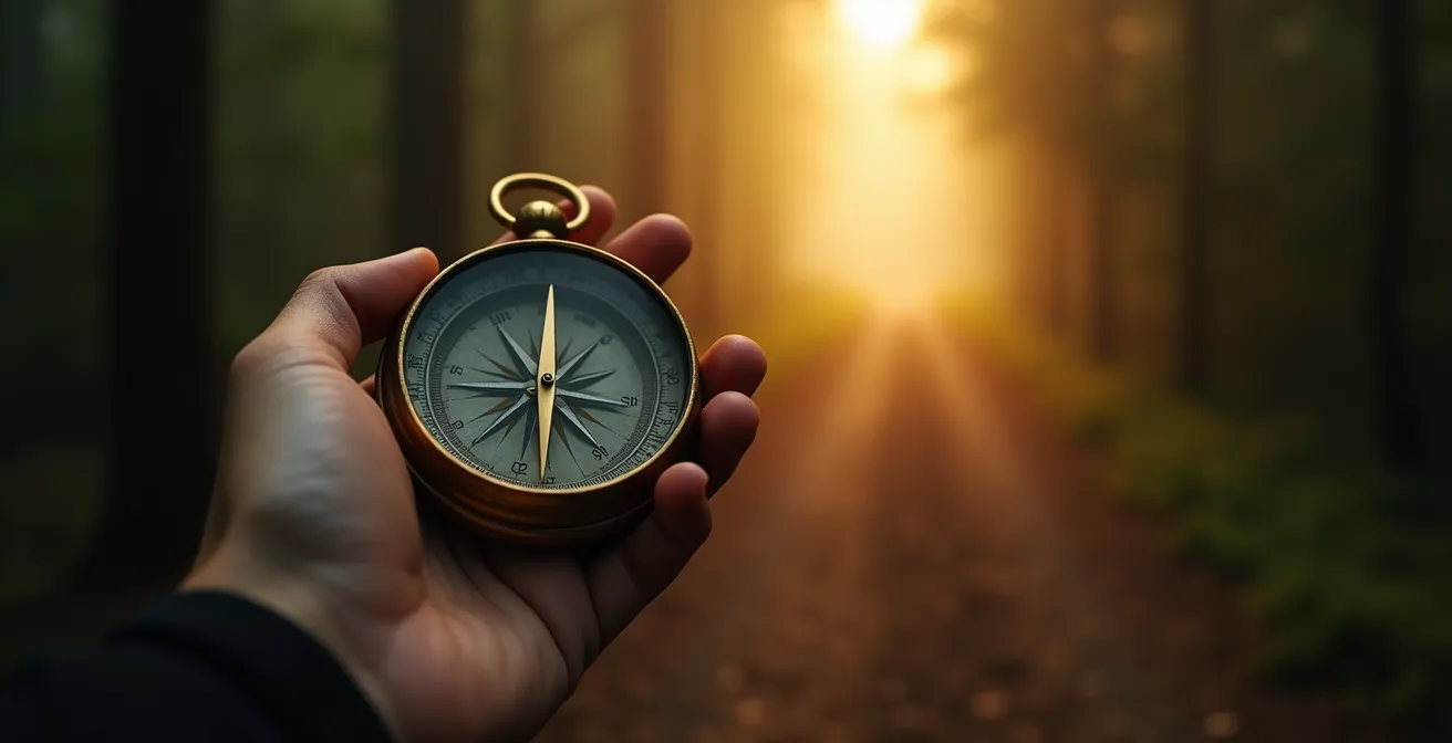 Main tenant un compas doré pointant vers un nouveau chemin lumineux symbolisant le début d'un cycle