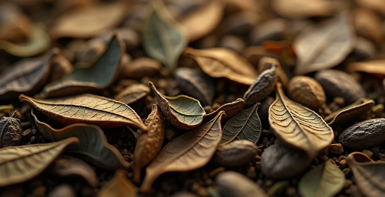 Vue macro de feuilles de thé séchées montrant leurs textures et nervures naturelles dans une lumière dorée