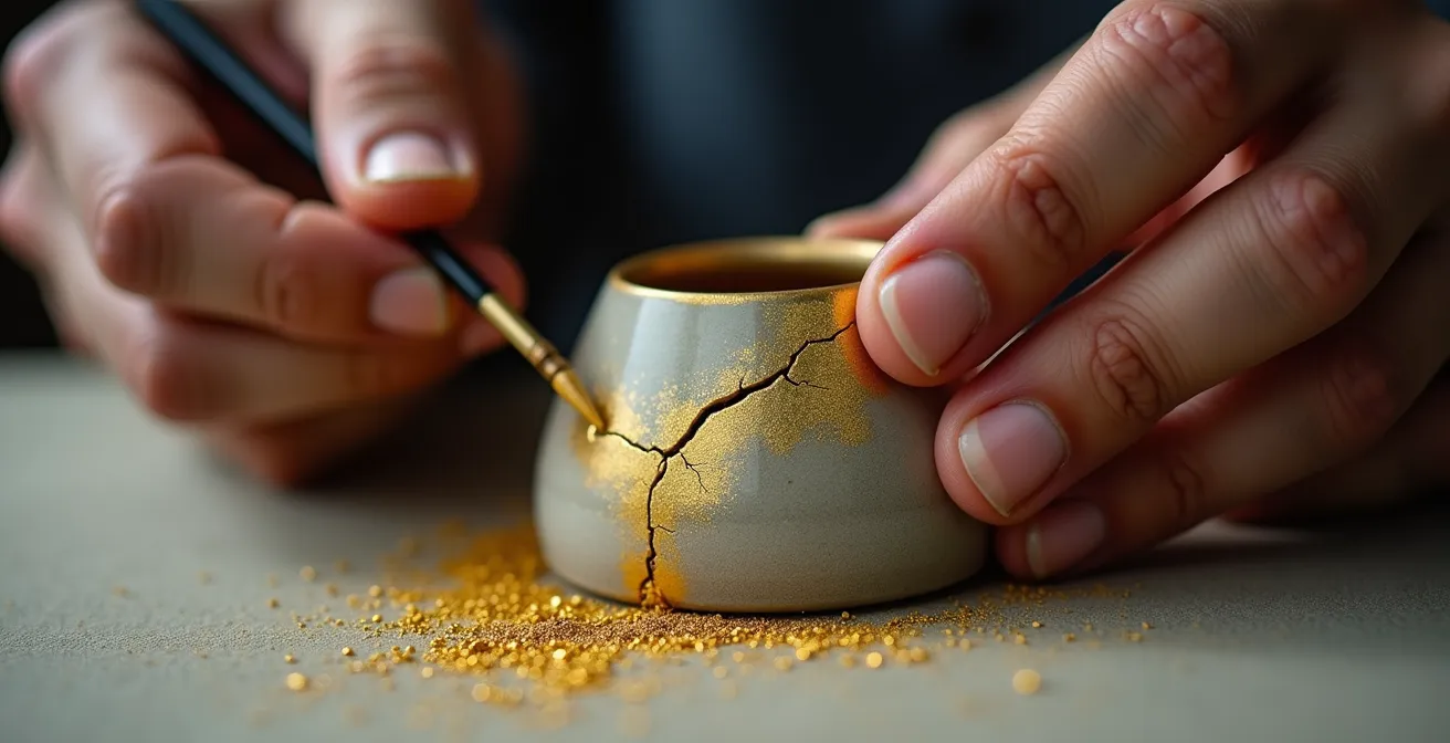 Mains d'un potier réparant un vase brisé avec de l'or selon la technique du kintsugi