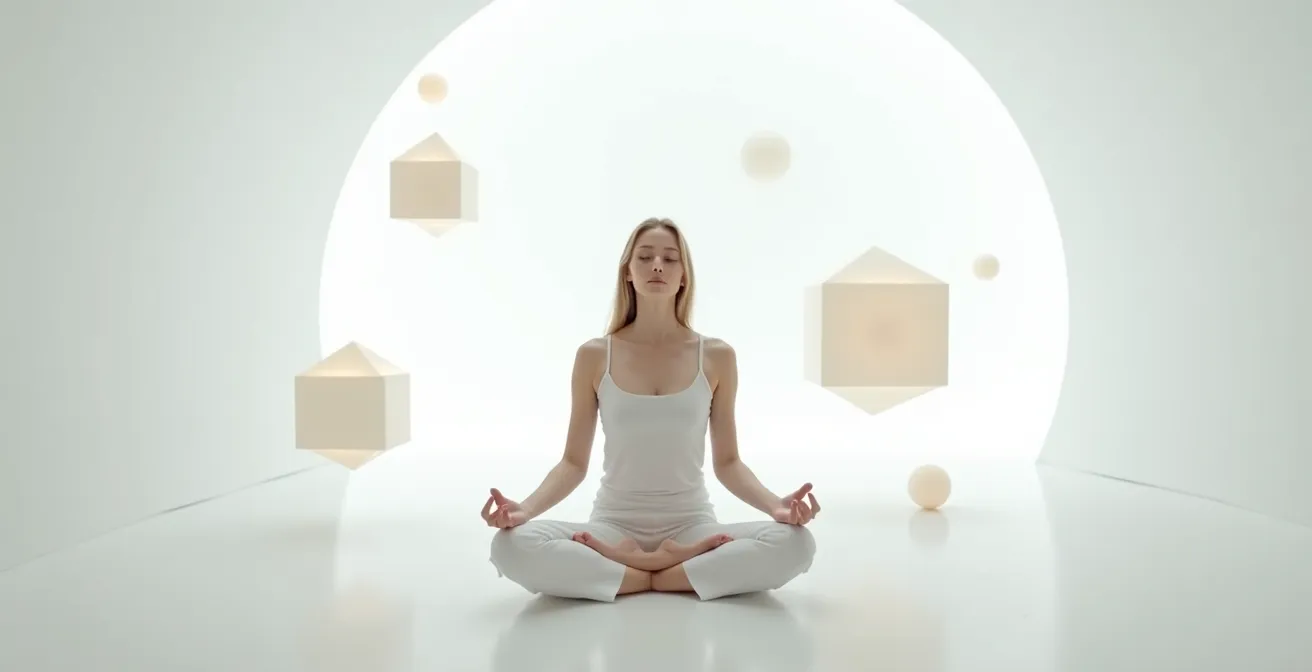 Personne en méditation entourée de formes géométriques lumineuses flottantes dans un espace épuré