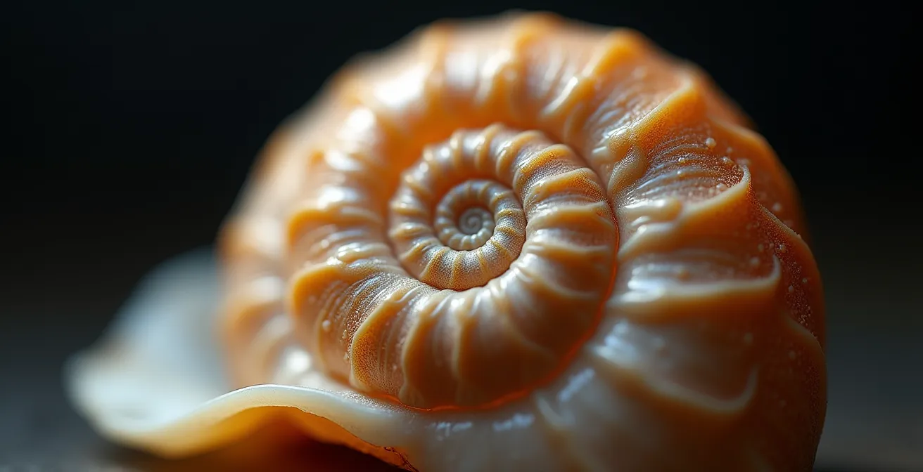 Spirale de Fibonacci dorée superposée sur une coupe de nautile avec proportions géométriques visibles