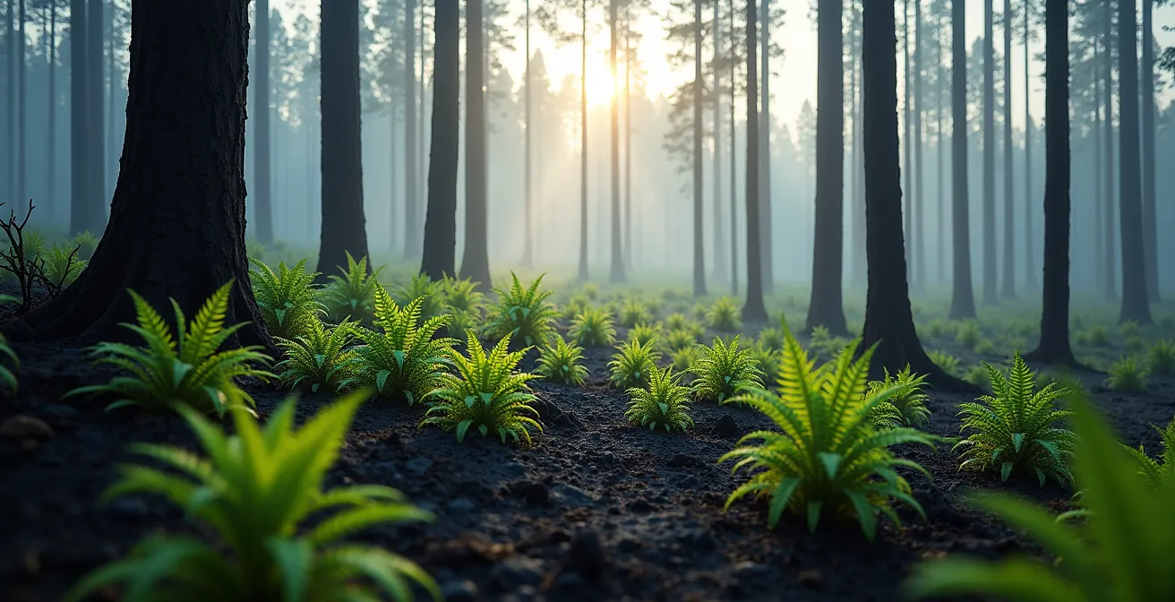 Une forêt de pins après un feu naturel avec de jeunes pousses vertes émergeant des cendres
