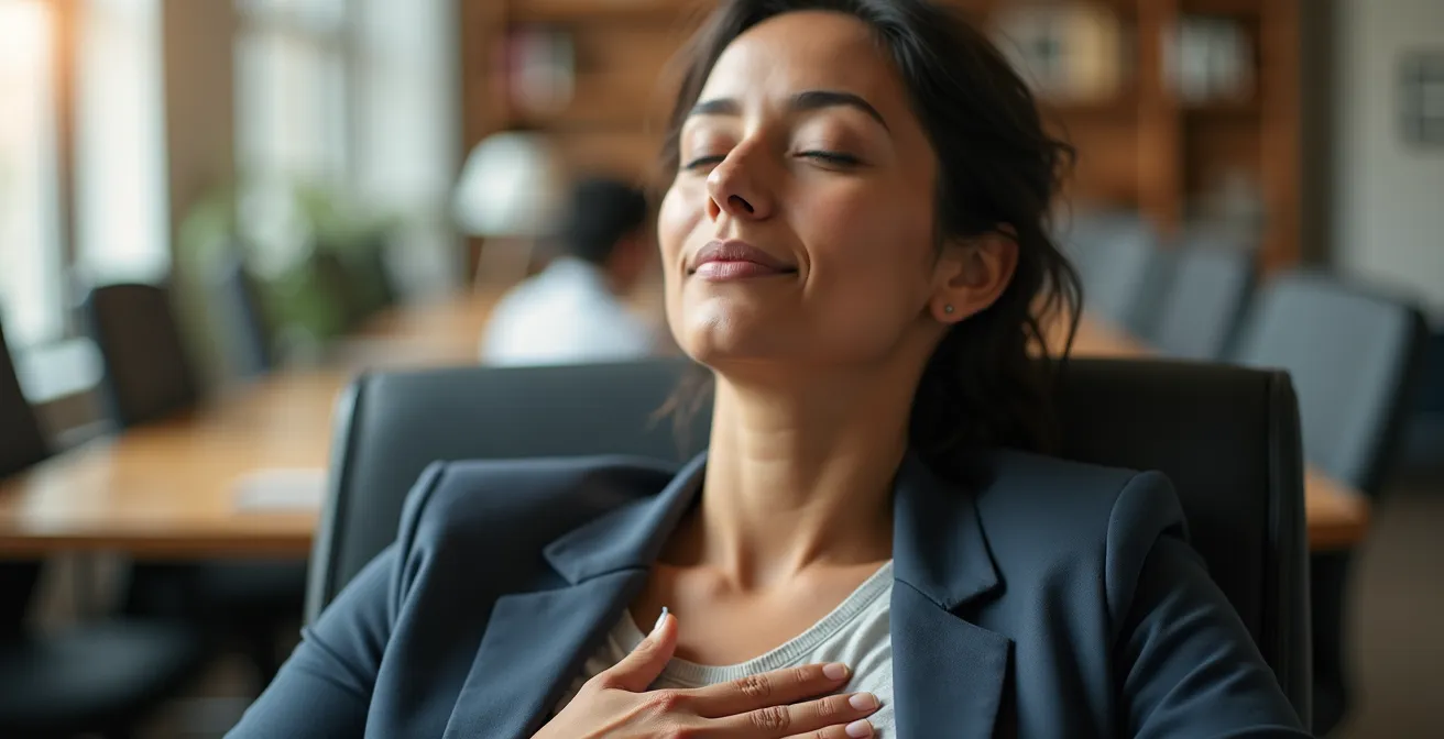 Personne en méditation au travail écoutant les signaux de son corps