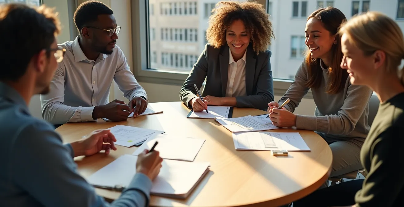 Groupe de professionnels diversifiés travaillant autour d'une table ronde en bois naturel, avec une lumière harmonieuse créant des ombres géométriques